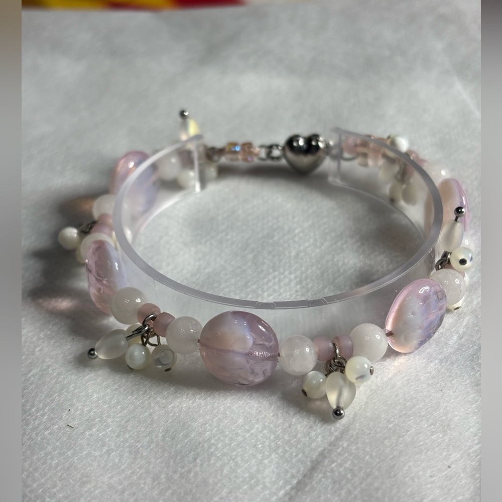 Hand Crafted Pink Coin Beaded Bracelet with White Jade and Mother of Pearl